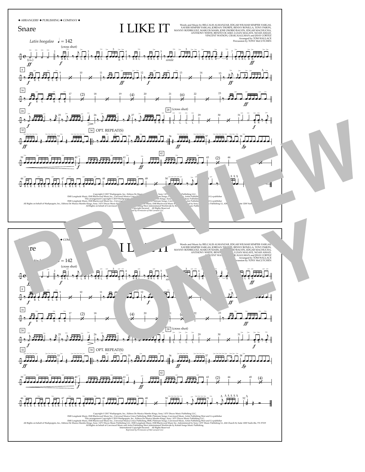 Cardi B, Bad Bunny & J Balvin I Like It (arr. Tom Wallace) - Snare sheet music, chords, lyrics - Printable PDF for Marching Band