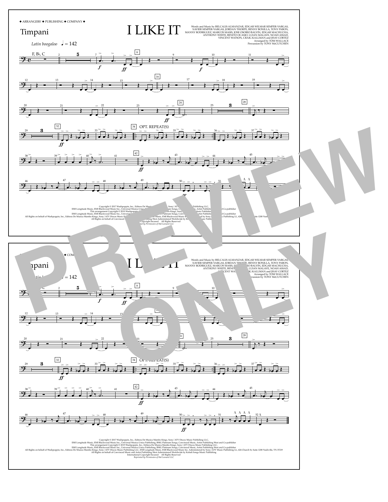 Cardi B, Bad Bunny & J Balvin I Like It (arr. Tom Wallace) - Timpani sheet music, chords, lyrics - Printable PDF for Marching Band