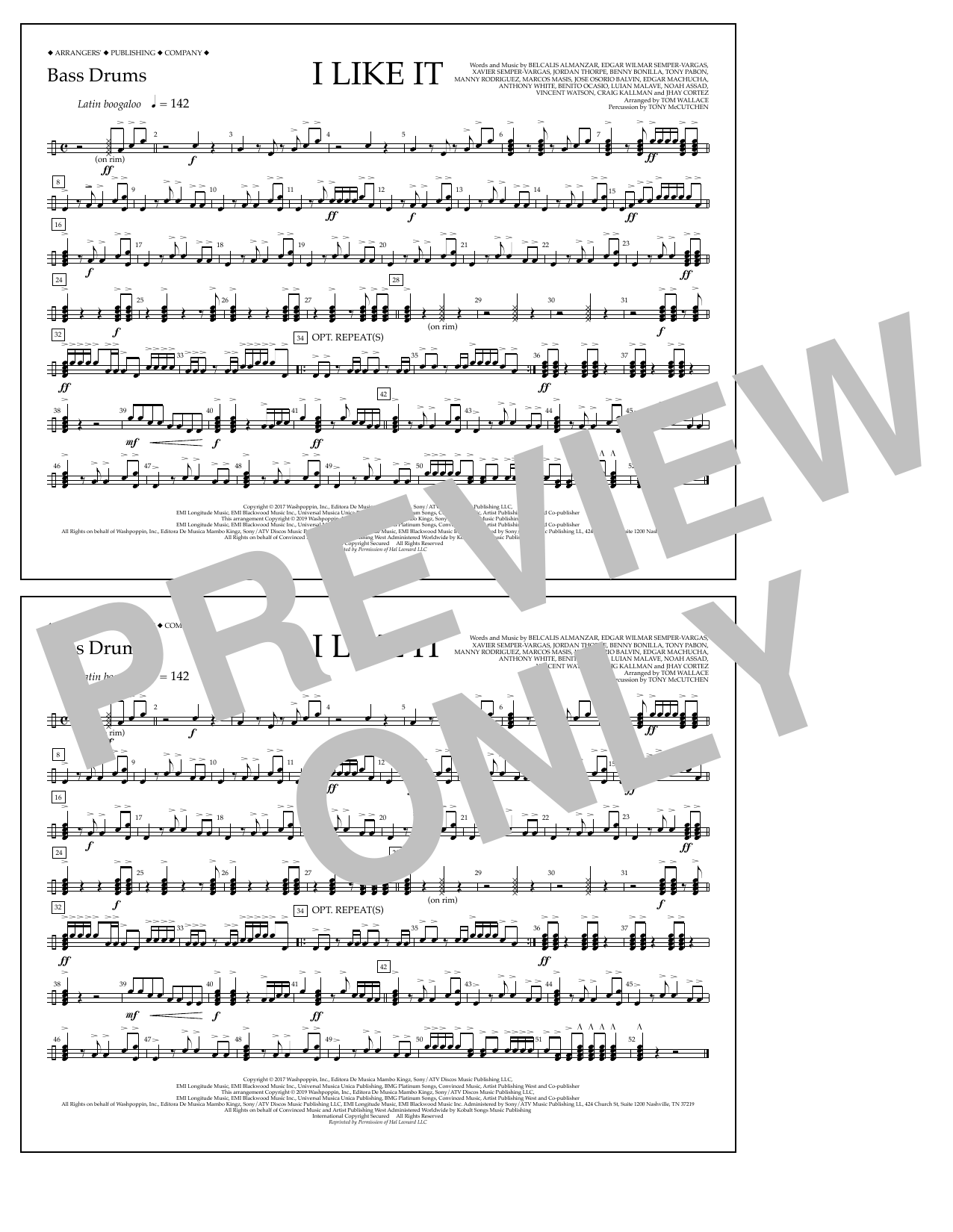 Cardi B, Bad Bunny & J Balvin I Like It (arr. Tom Wallace) - Bass Drums sheet music preview music notes and score for Marching Band including 1 page(s)