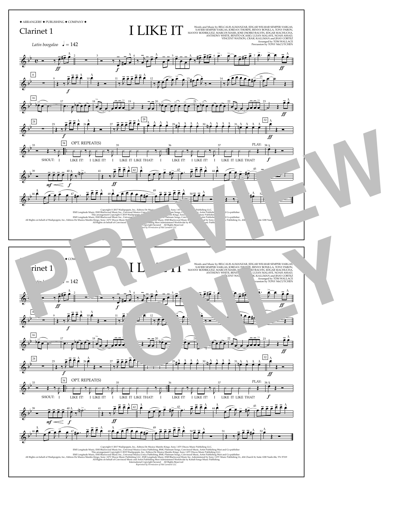 Cardi B, Bad Bunny & J Balvin I Like It (arr. Tom Wallace) - Clarinet 1 sheet music preview music notes and score for Marching Band including 1 page(s)