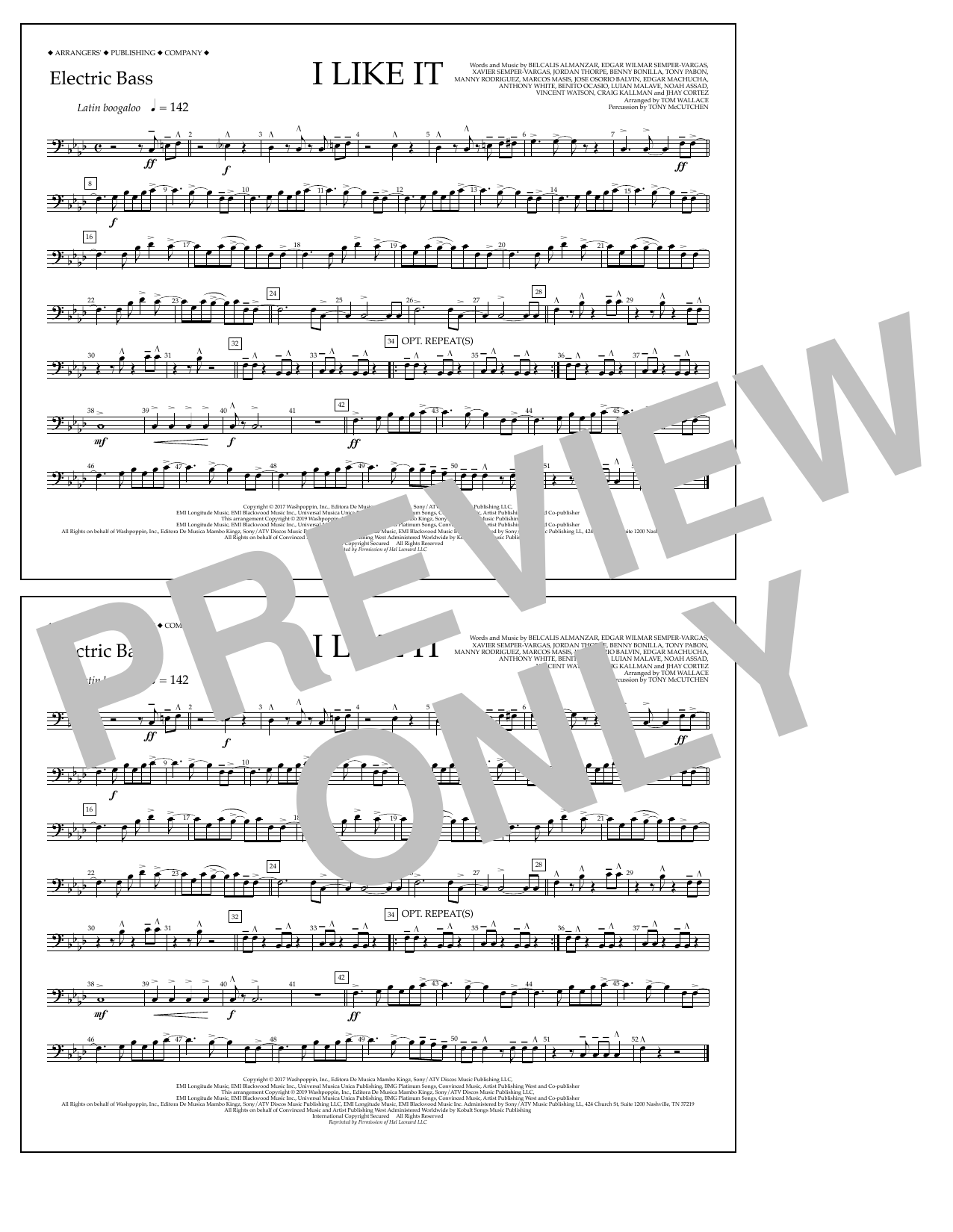 Cardi B, Bad Bunny & J Balvin I Like It (arr. Tom Wallace) - Electric Bass sheet music preview music notes and score for Marching Band including 1 page(s)