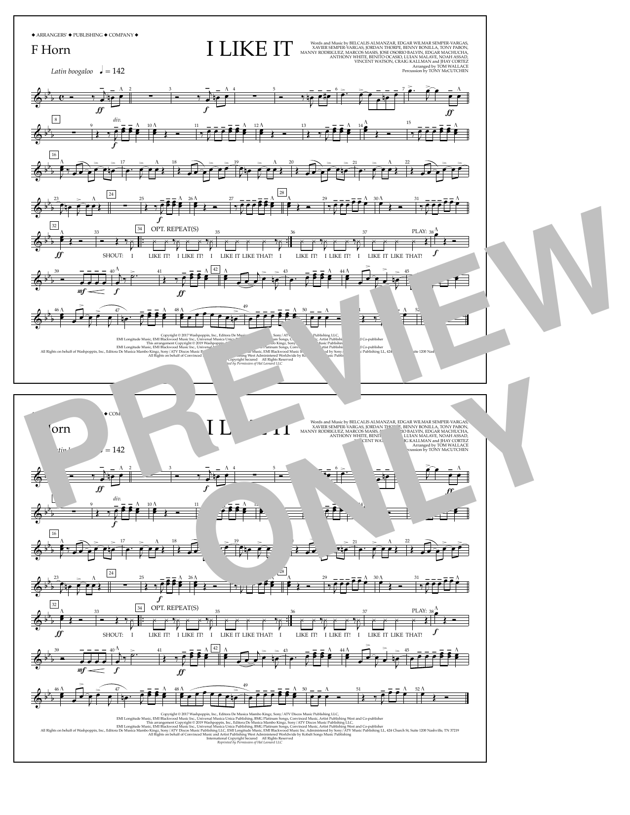 Cardi B, Bad Bunny & J Balvin I Like It (arr. Tom Wallace) - F Horn sheet music preview music notes and score for Marching Band including 1 page(s)