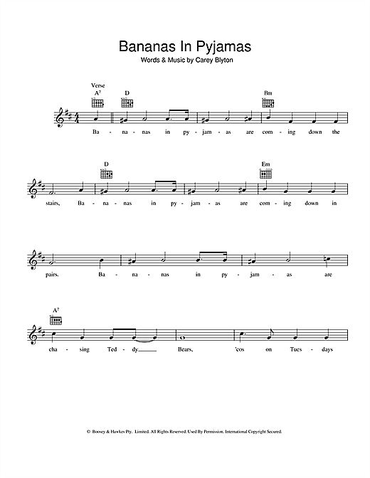 Learn to play Carey Blyton Bananas In Pyjamas sheet music for Melody Line, Lyrics & Chords in minutes. Carey Blyton Bananas In Pyjamas sheet music preview music notes and score for Melody Line, Lyrics & Chords including 2 page(s)