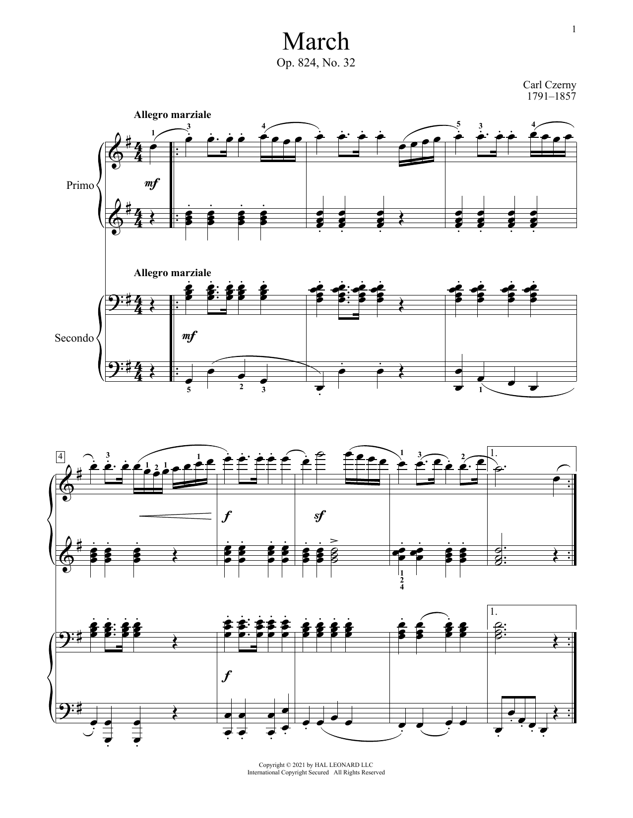 Carl Czerny March, Op. 824, No. 32 sheet music, chords, lyrics - Printable PDF for Piano Duet