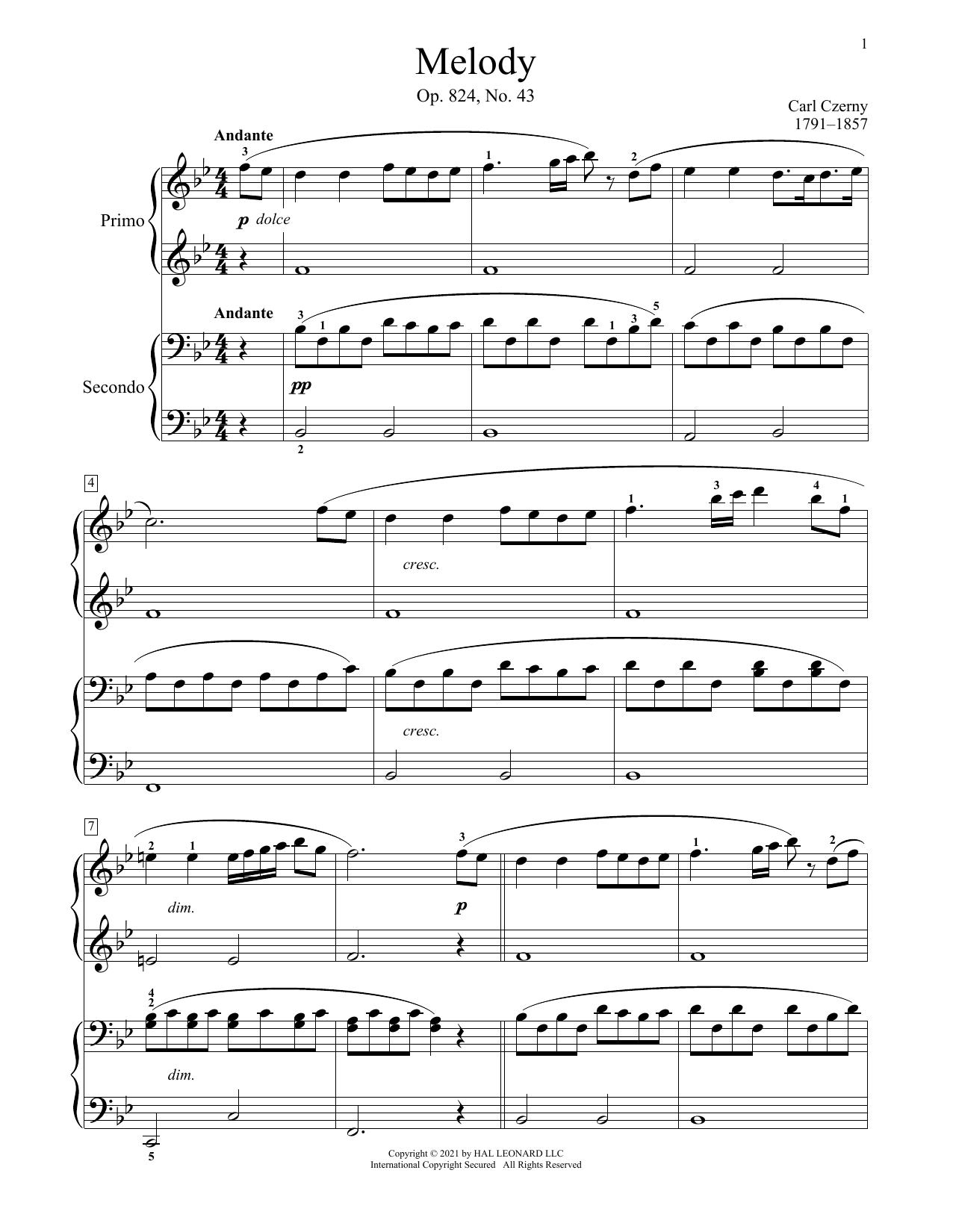 Carl Czerny Melody, Op. 824, No. 43 sheet music, chords, lyrics - Printable PDF for Piano Duet