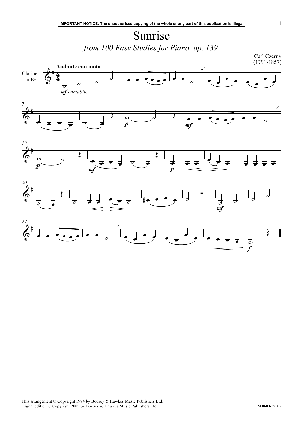 Carl Czerny Sunrise (from 100 Easy Studies For Piano, Op. 139) sheet music, chords, lyrics - Printable PDF for Instrumental Solo