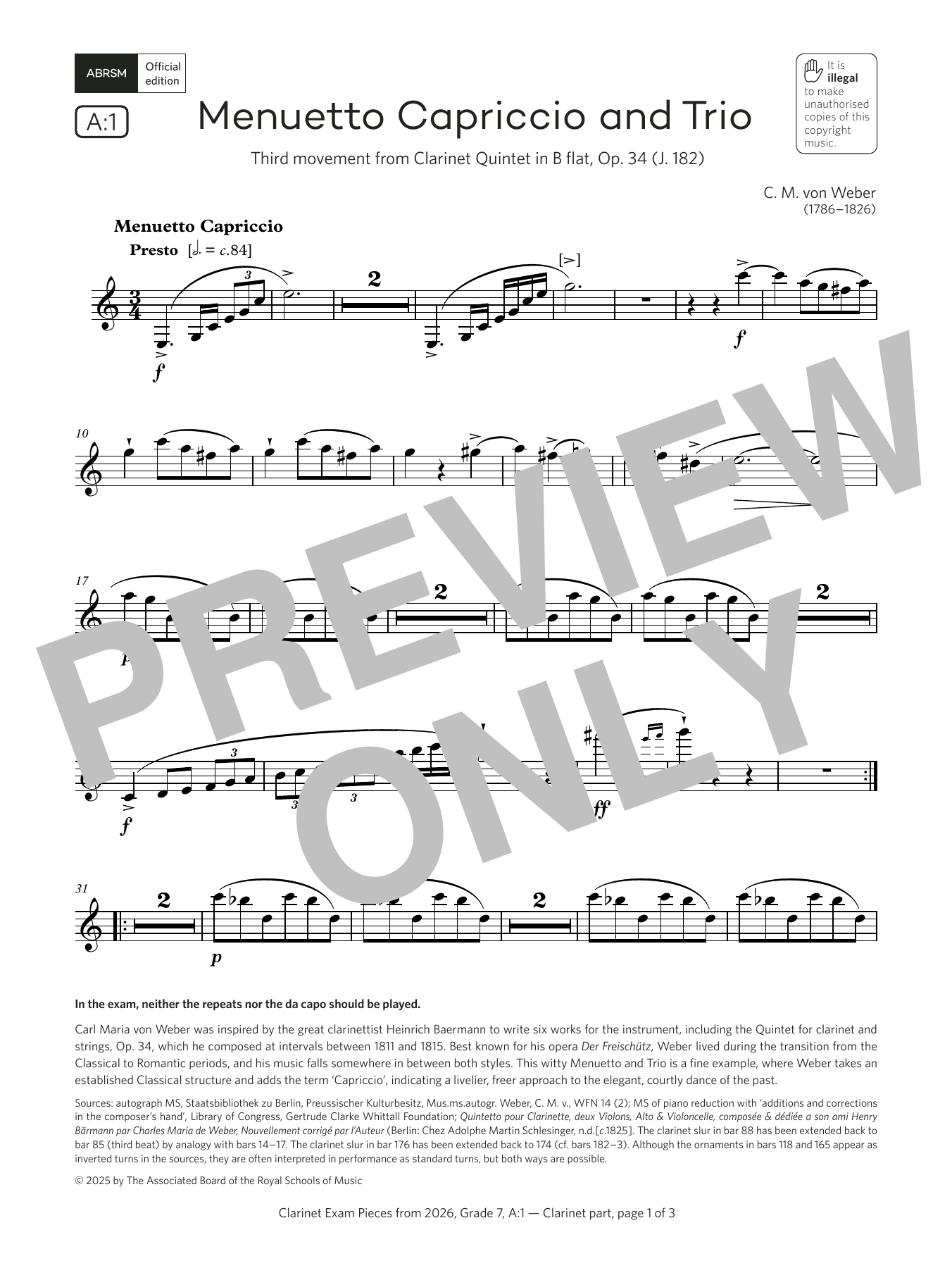 Carl Maria von Weber Menuetto Capriccio and Trio (Grade 7, list A1, from the ABRSM Clarinet Syllabus from 2026) sheet music, chords, lyrics - Printable PDF for Clarinet Solo