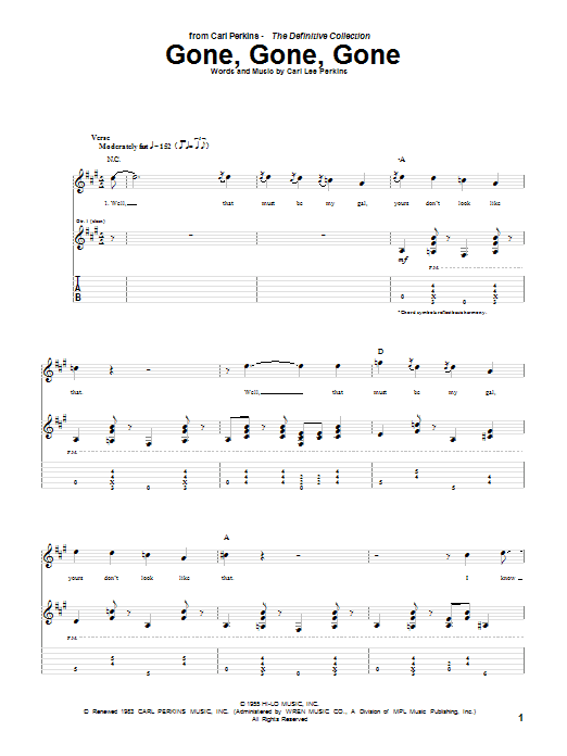 Carl Perkins Gone, Gone, Gone sheet music, chords, lyrics - Printable PDF for Guitar Tab
