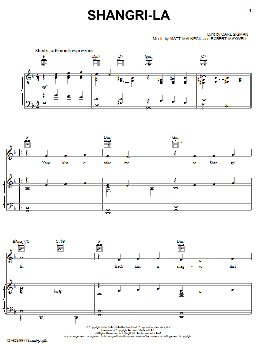 Learn to play Carl Sigman Shangri-la sheet music for Piano, Vocal & Guitar (Right-Hand Melody) in minutes. Carl Sigman Shangri-la sheet music preview music notes and score for Piano, Vocal & Guitar (Right-Hand Melody) including 3 page(s)