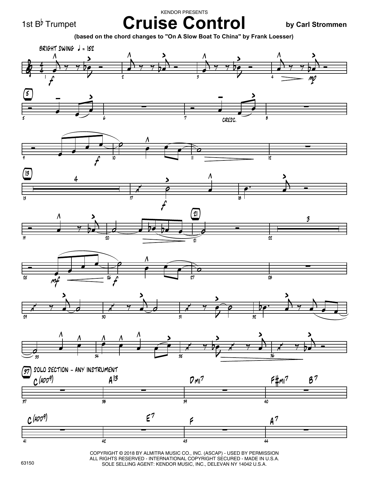 Learn to play Carl Strommen Cruise Control - 1st Bb Trumpet sheet music for Jazz Ensemble in minutes. Carl Strommen Cruise Control - 1st Bb Trumpet sheet music preview music notes and score for Jazz Ensemble including 2 page(s)