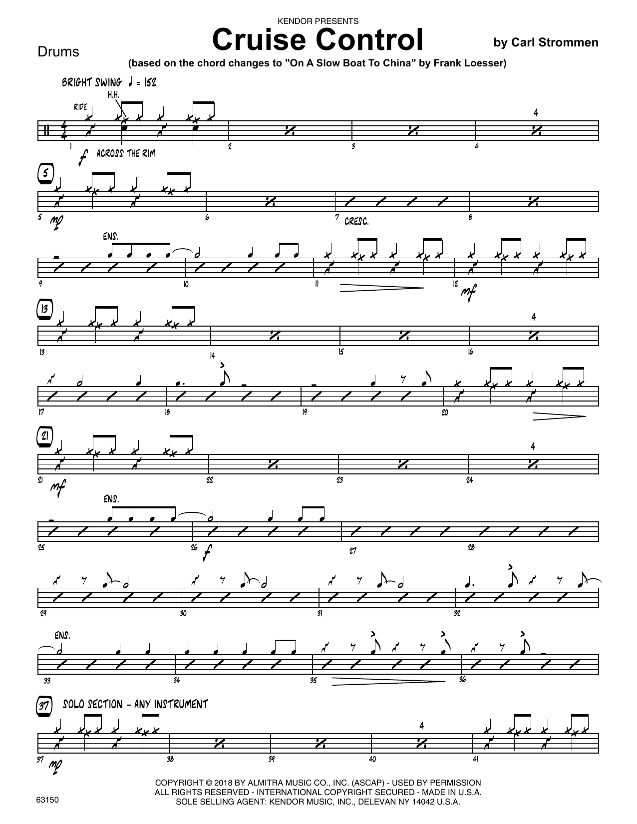 Learn to play Carl Strommen Cruise Control - Drum Set sheet music for Jazz Ensemble in minutes. Carl Strommen Cruise Control - Drum Set sheet music preview music notes and score for Jazz Ensemble including 2 page(s)