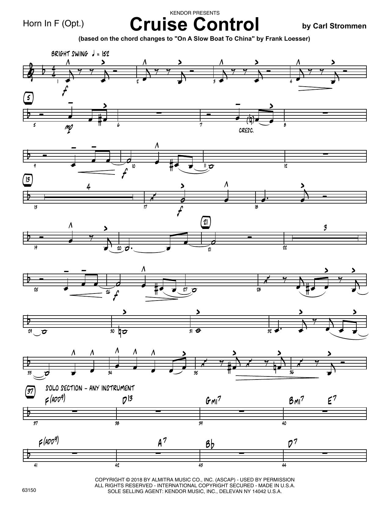 Learn to play Carl Strommen Cruise Control - Horn in F sheet music for Jazz Ensemble in minutes. Carl Strommen Cruise Control - Horn in F sheet music preview music notes and score for Jazz Ensemble including 2 page(s)