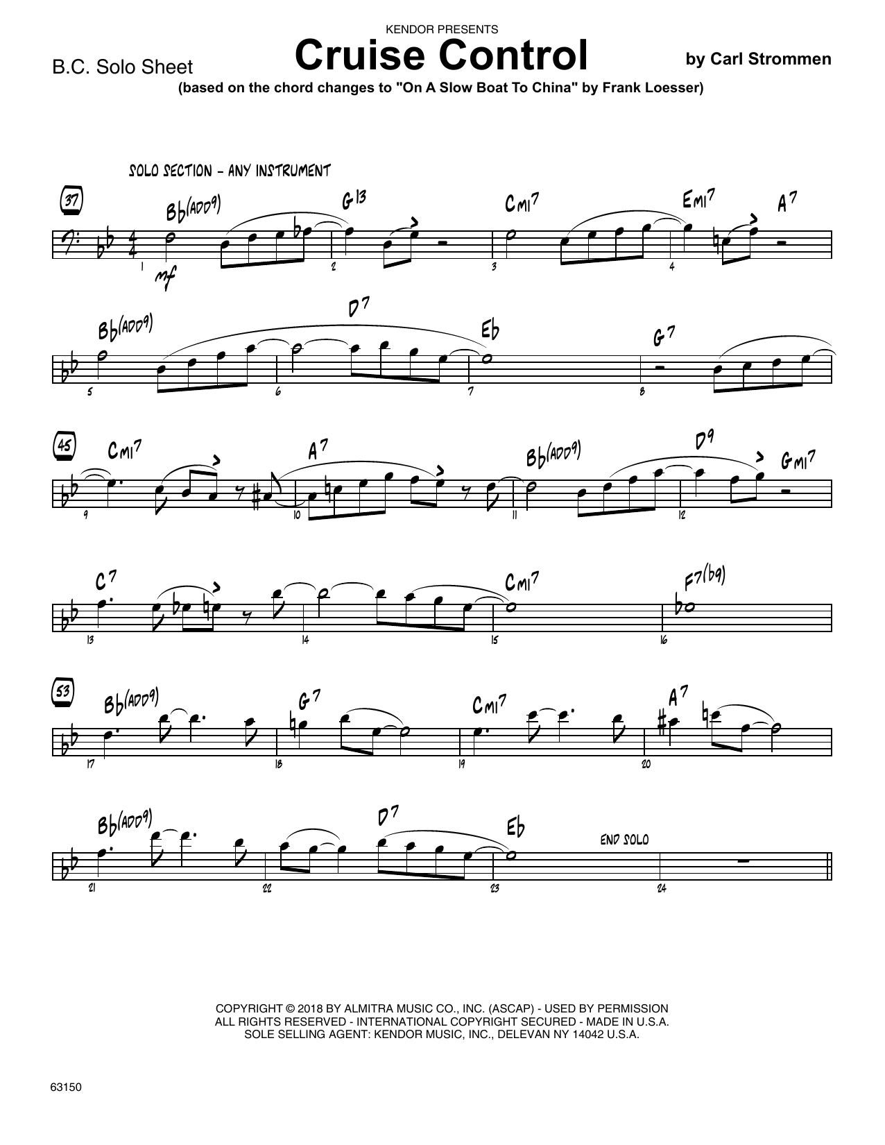 Learn to play Carl Strommen Cruise Control - Sample Solo - Bass Clef Instr. sheet music for Jazz Ensemble in minutes. Carl Strommen Cruise Control - Sample Solo - Bass Clef Instr. sheet music preview music notes and score for Jazz Ensemble including 2 page(s)