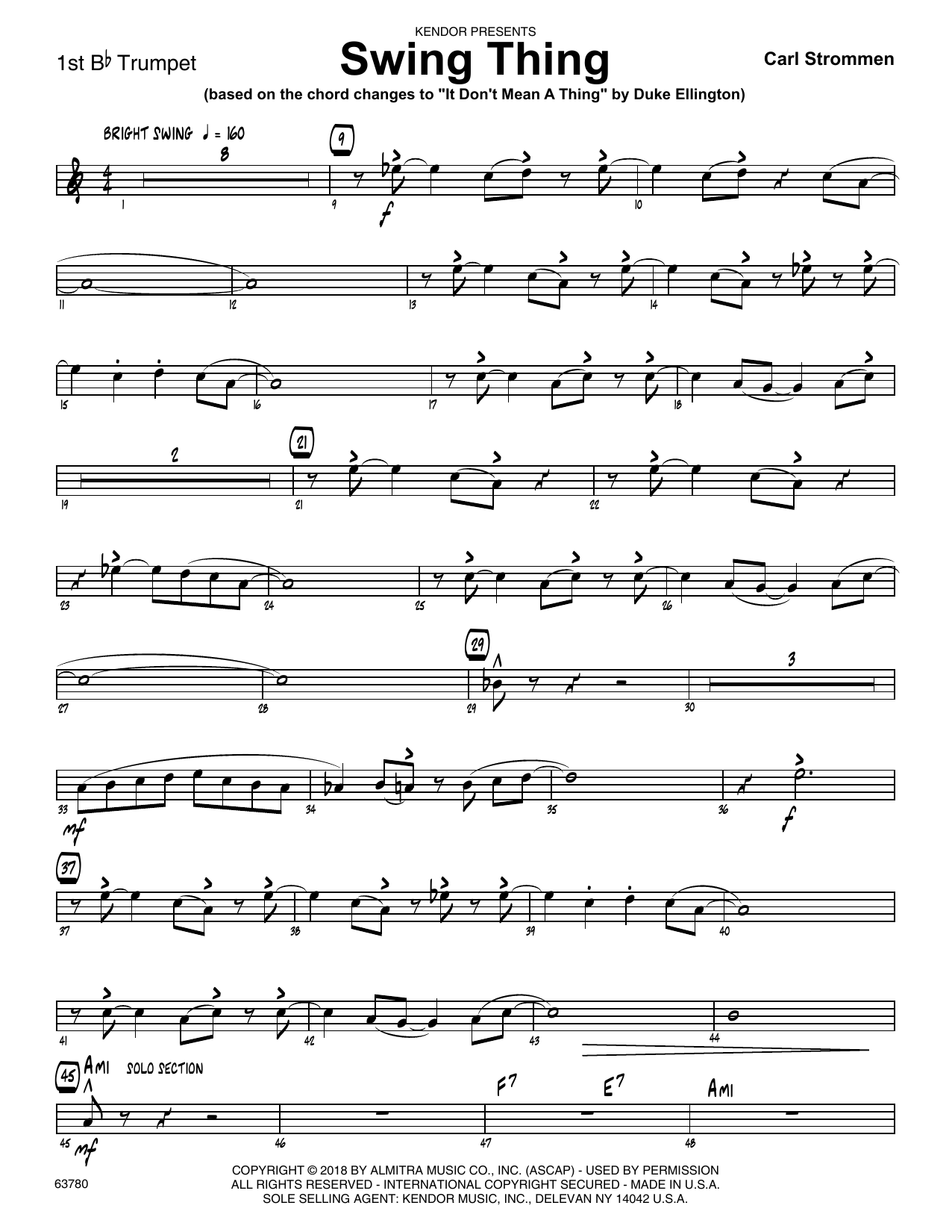 Learn to play Carl Strommen Swing Thing - 1st Bb Trumpet sheet music for Jazz Ensemble in minutes. Carl Strommen Swing Thing - 1st Bb Trumpet sheet music preview music notes and score for Jazz Ensemble including 2 page(s)