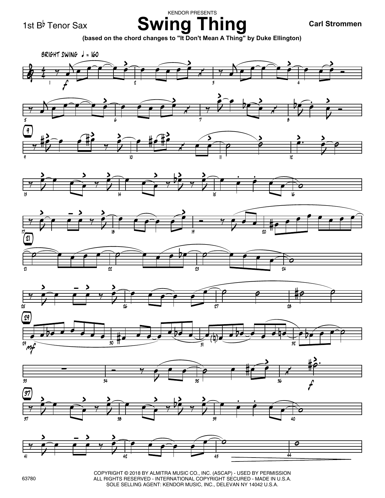 Learn to play Carl Strommen Swing Thing - 1st Tenor Saxophone sheet music for Jazz Ensemble in minutes. Carl Strommen Swing Thing - 1st Tenor Saxophone sheet music preview music notes and score for Jazz Ensemble including 2 page(s)