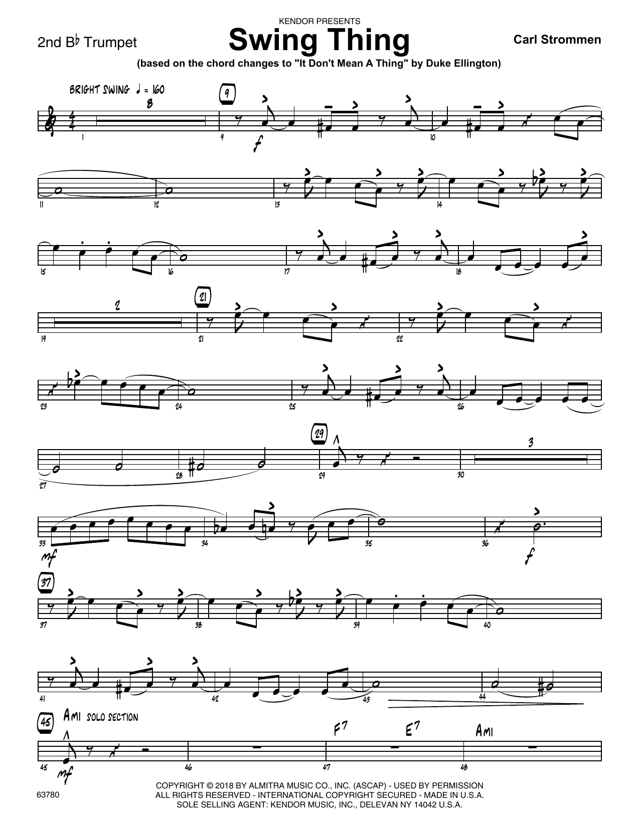 Learn to play Carl Strommen Swing Thing - 2nd Bb Trumpet sheet music for Jazz Ensemble in minutes. Carl Strommen Swing Thing - 2nd Bb Trumpet sheet music preview music notes and score for Jazz Ensemble including 2 page(s)