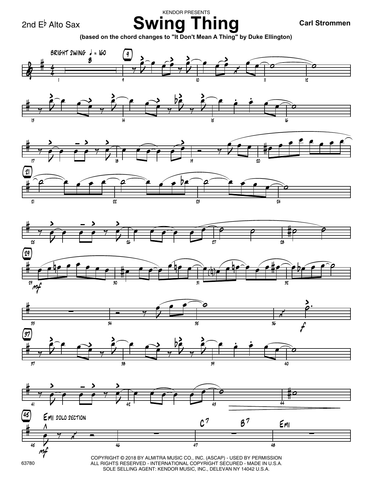 Learn to play Carl Strommen Swing Thing - 2nd Eb Alto Saxophone sheet music for Jazz Ensemble in minutes. Carl Strommen Swing Thing - 2nd Eb Alto Saxophone sheet music preview music notes and score for Jazz Ensemble including 2 page(s)