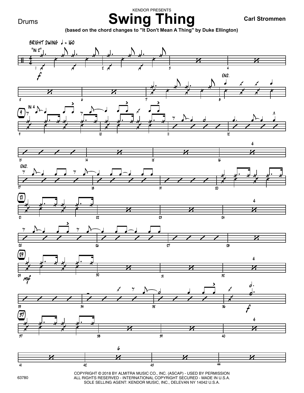 Learn to play Carl Strommen Swing Thing - Drum Set sheet music for Jazz Ensemble in minutes. Carl Strommen Swing Thing - Drum Set sheet music preview music notes and score for Jazz Ensemble including 2 page(s)