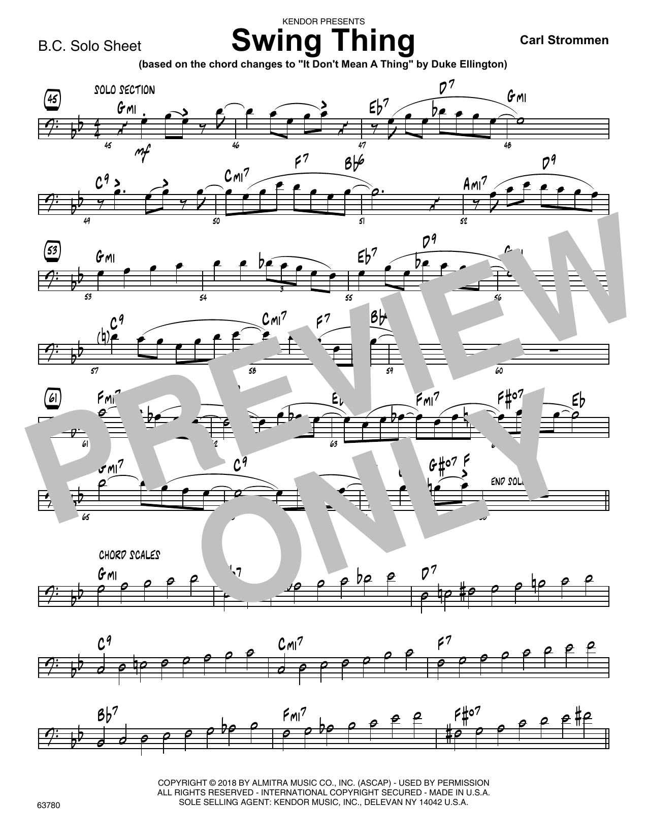 Learn to play Carl Strommen Swing Thing - Sample Solo - Bass Clef Instr. sheet music for Jazz Ensemble in minutes. Carl Strommen Swing Thing - Sample Solo - Bass Clef Instr. sheet music preview music notes and score for Jazz Ensemble including 1 page(s)