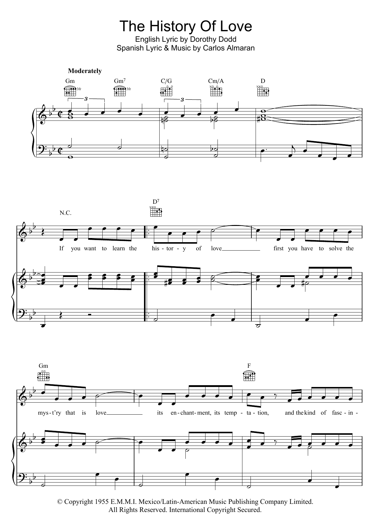 Carlos Almaran History Of Love (Historia De Un Amor) sheet music, chords, lyrics - Printable PDF for Piano, Vocal & Guitar (Right-Hand Melody)