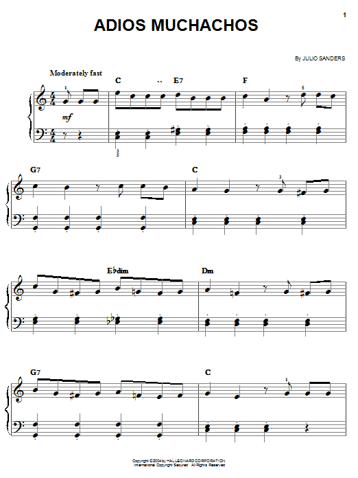 Learn to play Carlos Gardel Adios Muchachos (Farewell Boys) sheet music for Easy Piano in minutes. Carlos Gardel Adios Muchachos (Farewell Boys) sheet music preview music notes and score for Easy Piano including 3 page(s)