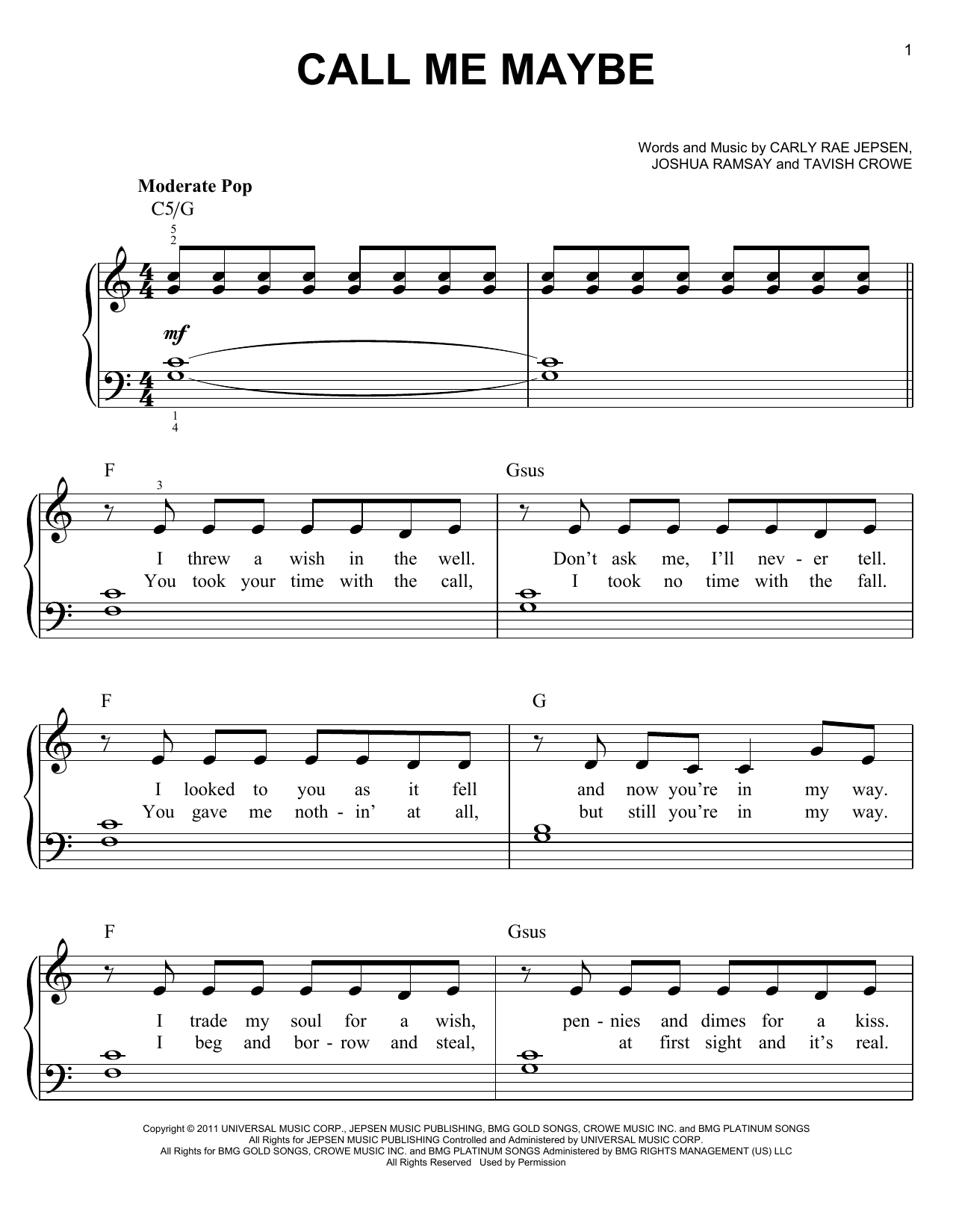 Learn to play Carly Rae Jepsen Call Me Maybe sheet music for E-Z Play Today in minutes. Carly Rae Jepsen Call Me Maybe sheet music preview music notes and score for E-Z Play Today including 4 page(s)