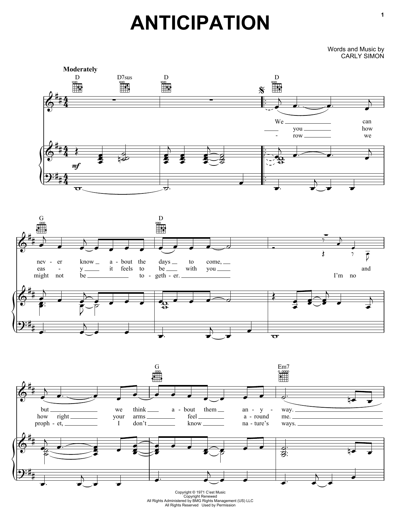 Carly Simon Anticipation sheet music preview music notes and score for Piano, Vocal & Guitar (Right-Hand Melody) including 4 page(s)