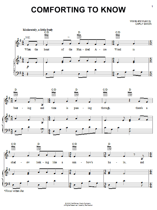 Learn to play Carly Simon Comforting To Know (from Piglet's Big Movie) sheet music for Piano, Vocal & Guitar (Right-Hand Melody) in minutes. Carly Simon Comforting To Know (from Piglet's Big Movie) sheet music notes and chords