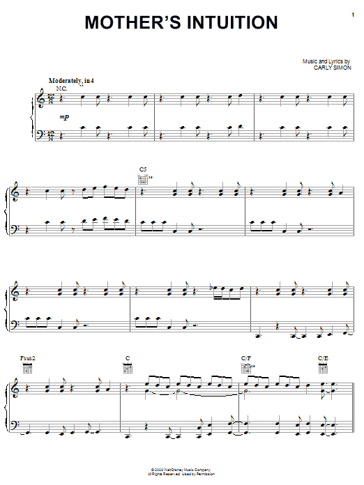 Learn to play Carly Simon Mother's Intuition (from Piglet's Big Movie) sheet music for Piano, Vocal & Guitar (Right-Hand Melody) in minutes. Carly Simon Mother's Intuition (from Piglet's Big Movie) sheet music preview music notes and score for Piano, Vocal & Guitar (Right-Hand Melody) including 6 page(s)