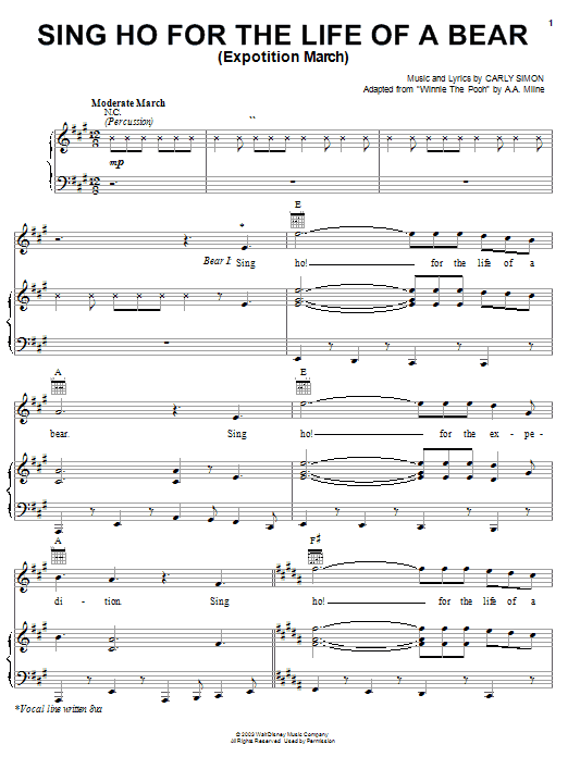 Learn to play Carly Simon Sing Ho For The Life Of A Bear (Expotition March) (from Piglet's Big Movie) sheet music for Piano, Vocal & Guitar (Right-Hand Melody) in minutes. Carly Simon Sing Ho For The Life Of A Bear (Expotition March) (from Piglet's Big Movie) sheet music notes and chords