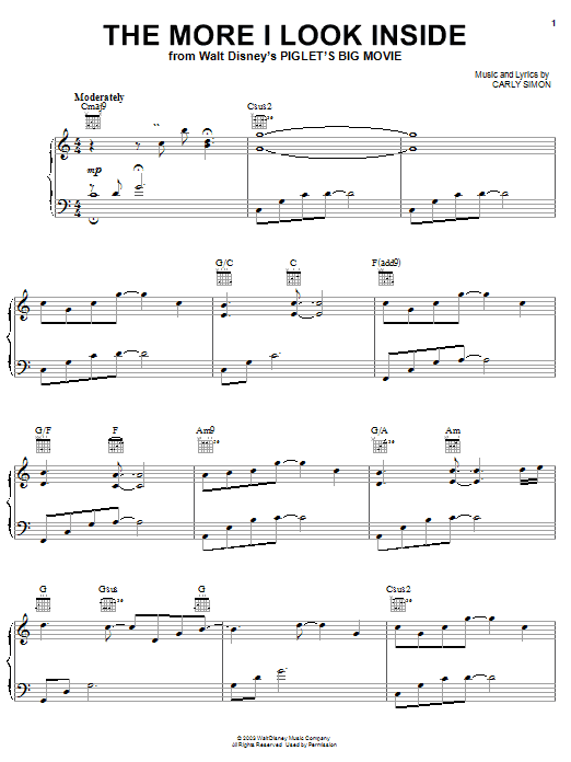 Carly Simon The More I Look Inside (from Piglet's Big Movie) sheet music preview music notes and score for Piano, Vocal & Guitar (Right-Hand Melody) including 7 page(s)