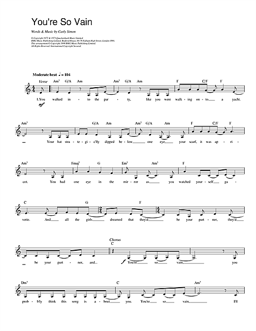 Learn to play Carly Simon You're So Vain sheet music for Piano, Vocal & Guitar (Right-Hand Melody) in minutes. Carly Simon You're So Vain sheet music preview music notes and score for Piano, Vocal & Guitar (Right-Hand Melody) including 3 page(s)