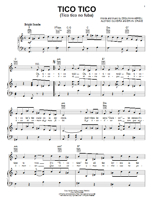 Learn to play Carmen Miranda Tico Tico (Tico Tico No Fuba) sheet music for Piano, Vocal & Guitar (Right-Hand Melody) in minutes. Carmen Miranda Tico Tico (Tico Tico No Fuba) sheet music preview music notes and score for Piano, Vocal & Guitar (Right-Hand Melody) including 4 page(s)