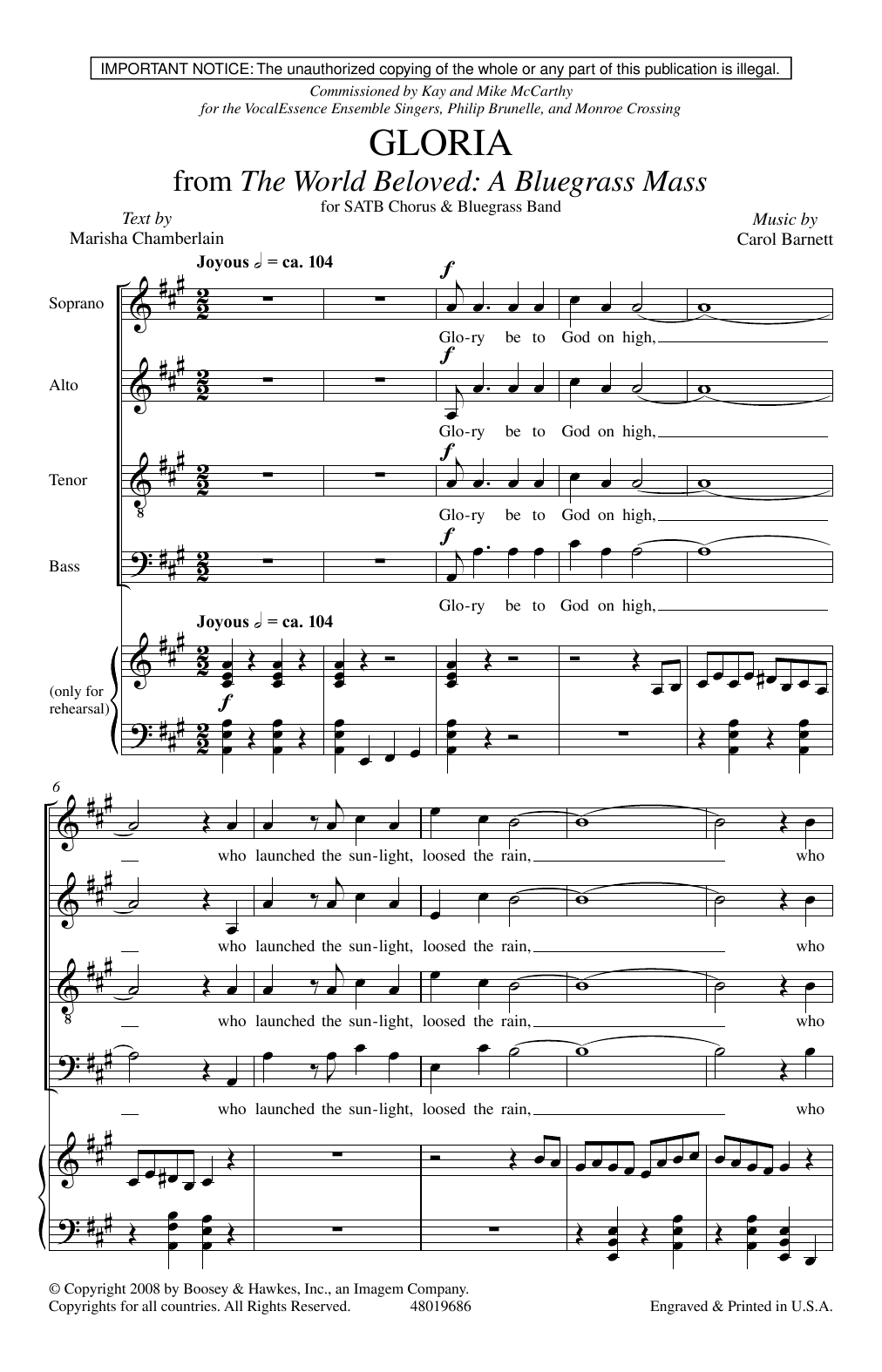 Carol Barnett Gloria (from The World Beloved: A Bluegrass Mass) sheet music, chords, lyrics - Printable PDF for SATB Choir