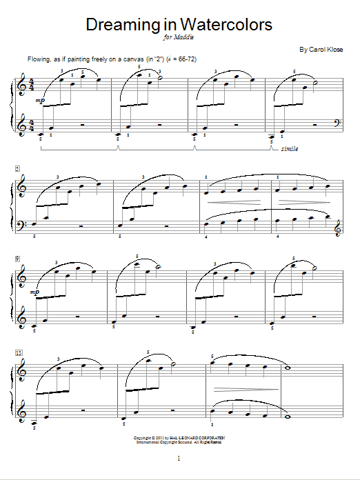 Carol Klose Dreaming In Watercolors sheet music, chords, lyrics - Printable PDF for Easy Piano