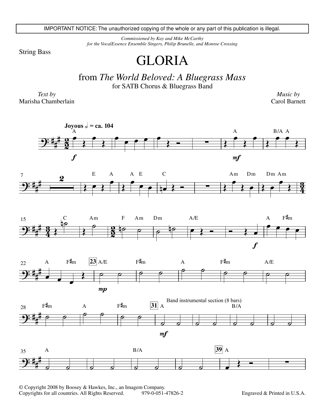 Learn to play Carol Barnett Gloria (from The World Beloved: A Bluegrass Mass) - Double Bass sheet music for Choir Instrumental Pak in minutes. Carol Barnett Gloria (from The World Beloved: A Bluegrass Mass) - Double Bass sheet music preview music notes and score for Choir Instrumental Pak including 3 page(s)