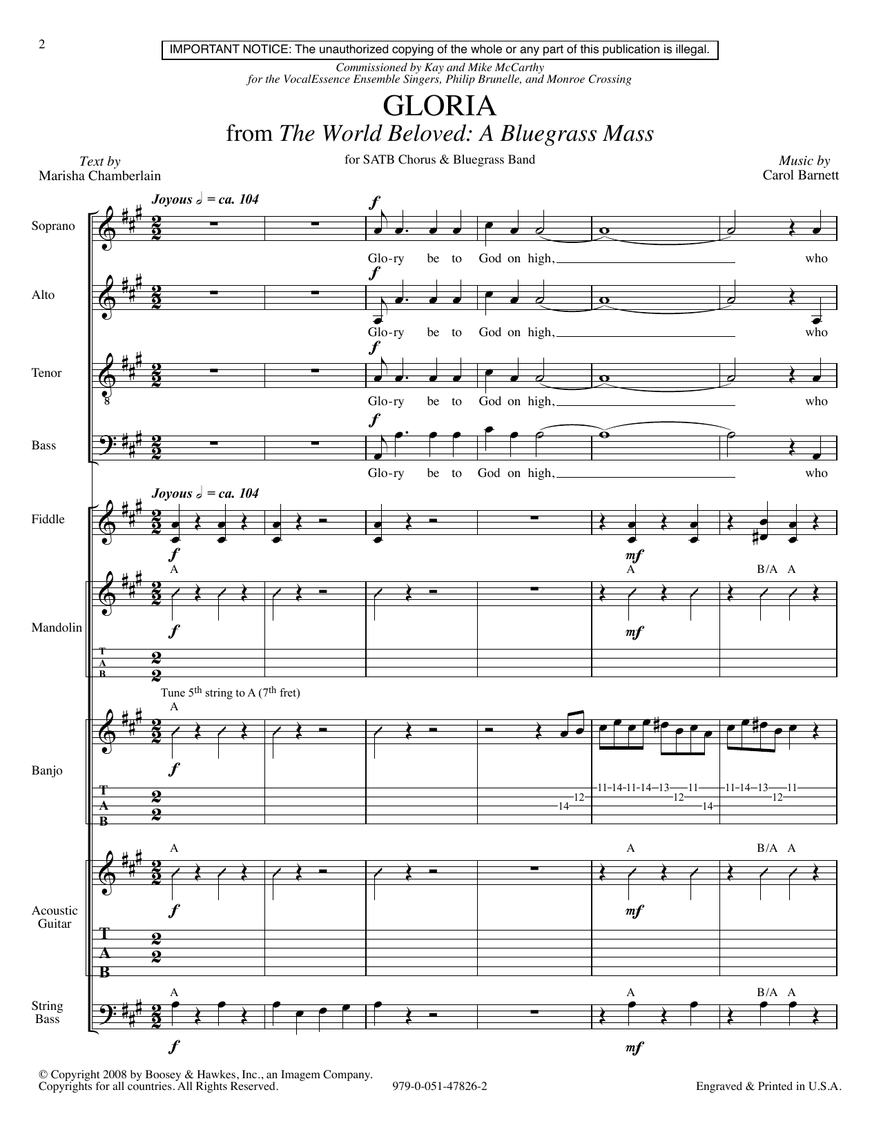 Learn to play Carol Barnett Gloria (from The World Beloved: A Bluegrass Mass) - Score sheet music for Choir Instrumental Pak in minutes. Carol Barnett Gloria (from The World Beloved: A Bluegrass Mass) - Score sheet music preview music notes and score for Choir Instrumental Pak including 23 page(s)
