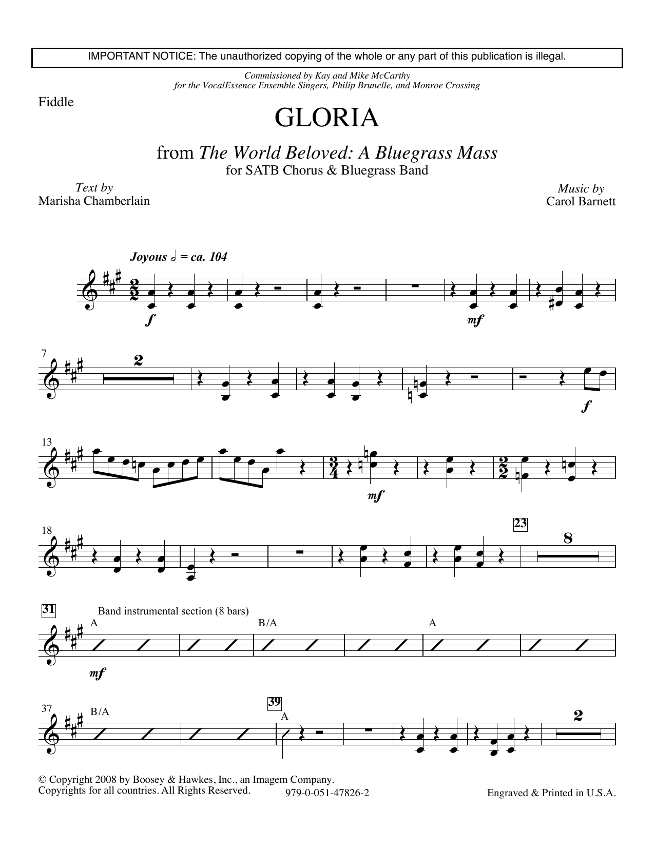 Learn to play Carol Barnett Gloria (from The World Beloved: A Bluegrass Mass) - Solo Violin sheet music for Choir Instrumental Pak in minutes. Carol Barnett Gloria (from The World Beloved: A Bluegrass Mass) - Solo Violin sheet music preview music notes and score for Choir Instrumental Pak including 3 page(s)