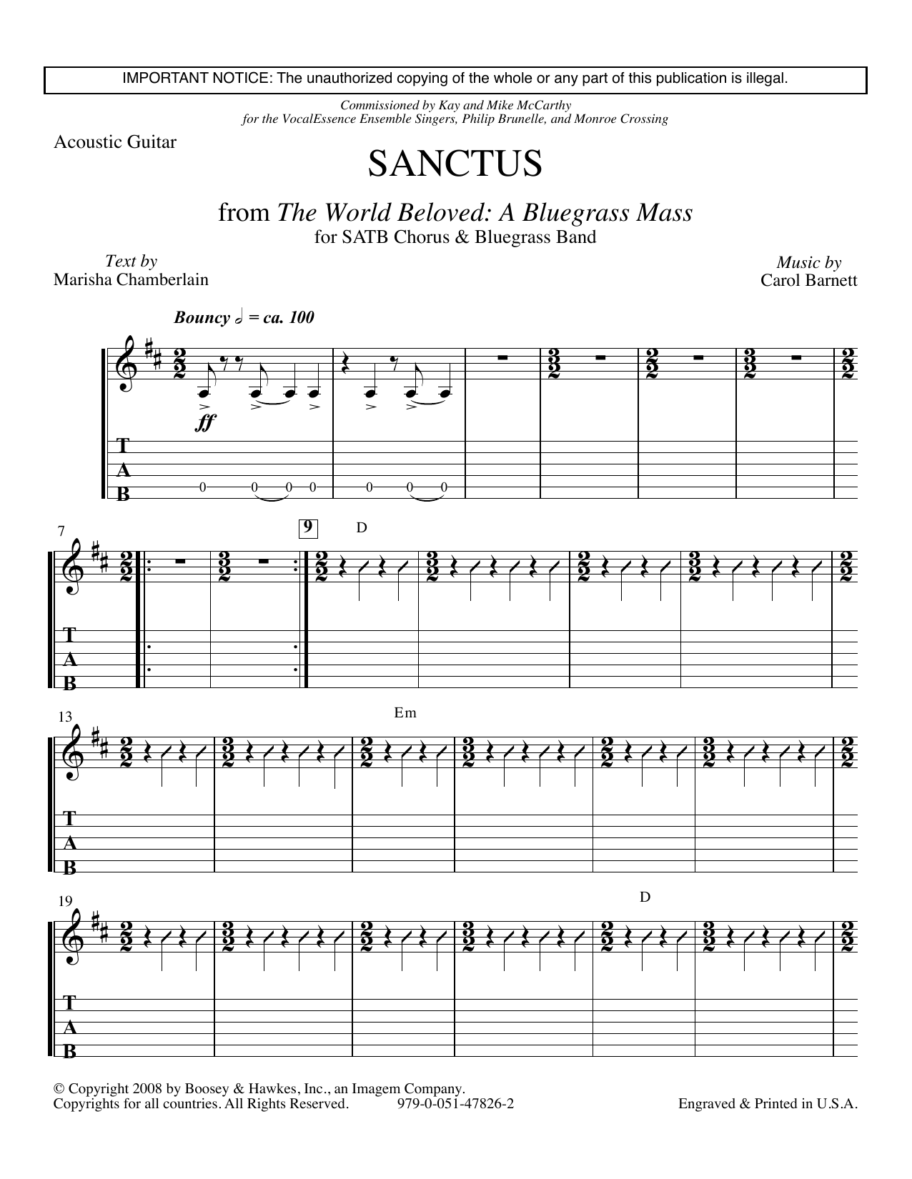 Learn to play Carol Barnett Sanctus (from The World Beloved: A Bluegrass Mass) - Acoustic Guitar sheet music for Choir Instrumental Pak in minutes. Carol Barnett Sanctus (from The World Beloved: A Bluegrass Mass) - Acoustic Guitar sheet music preview music notes and score for Choir Instrumental Pak including 4 page(s)