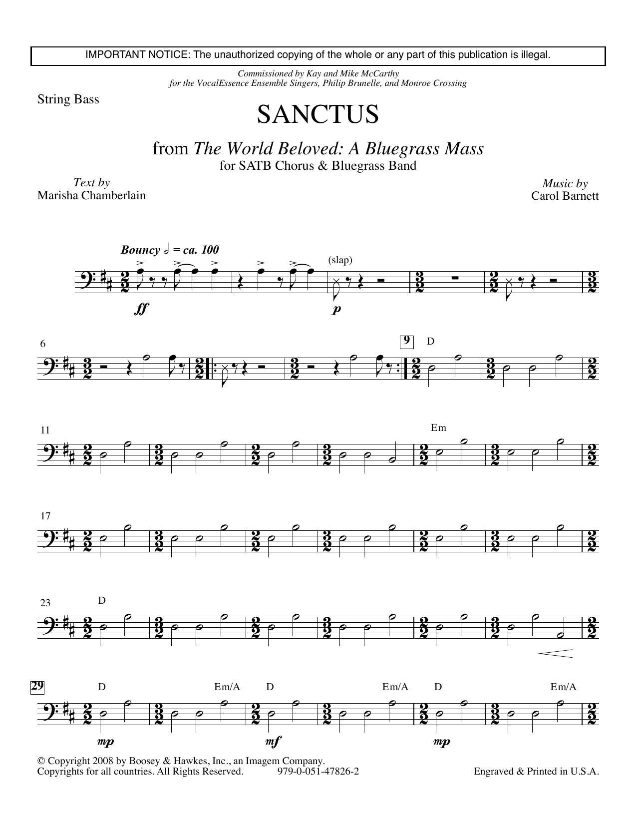 Learn to play Carol Barnett Sanctus (from The World Beloved: A Bluegrass Mass) - Double Bass sheet music for Choir Instrumental Pak in minutes. Carol Barnett Sanctus (from The World Beloved: A Bluegrass Mass) - Double Bass sheet music preview music notes and score for Choir Instrumental Pak including 3 page(s)