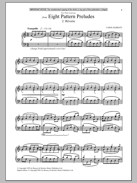 Learn to play Carol Barratt Eight Pattern Preludes, 2. Reverie sheet music for Piano in minutes. Carol Barratt Eight Pattern Preludes, 2. Reverie sheet music notes and chords