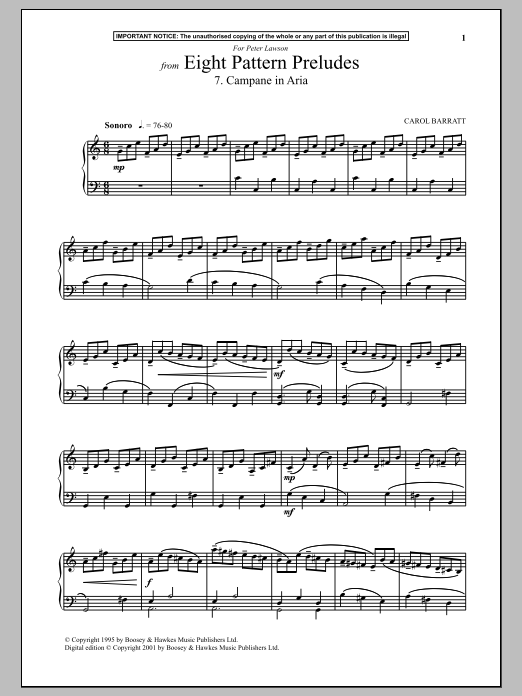 Learn to play Carol Barratt Eight Pattern Preludes, 7. Campane In Aria sheet music for Piano in minutes. Carol Barratt Eight Pattern Preludes, 7. Campane In Aria sheet music notes and chords