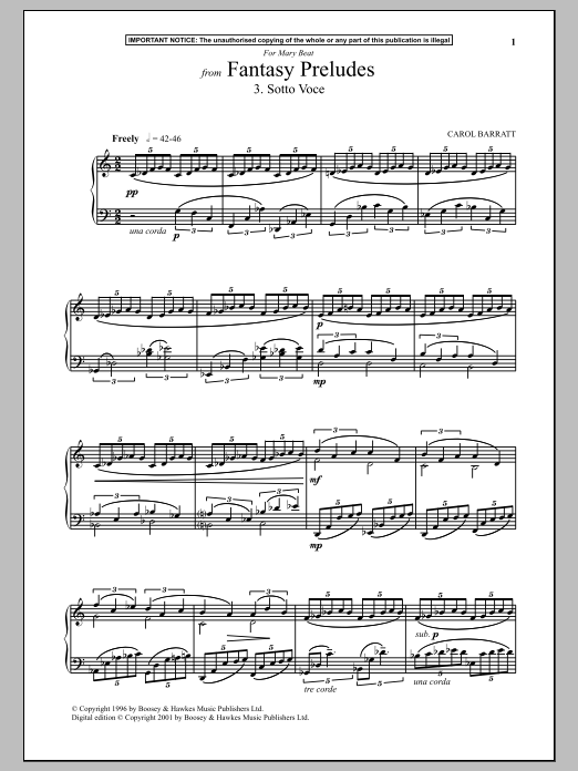 Learn to play Carol Barratt Fantasy Preludes, 3. Sotto Voce sheet music for Piano in minutes. Carol Barratt Fantasy Preludes, 3. Sotto Voce sheet music notes and chords