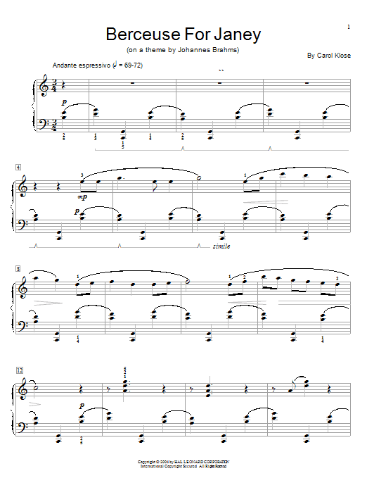 Learn to play Carol Klose Berceuse For Janey sheet music for Easy Piano in minutes. Carol Klose Berceuse For Janey sheet music preview music notes and score for Easy Piano including 4 page(s)