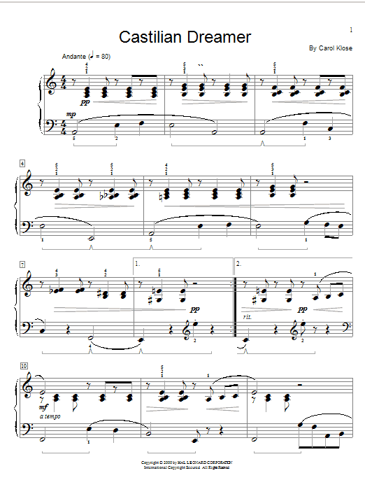 Learn to play Carol Klose Castilian Dreamer sheet music for Easy Piano in minutes. Carol Klose Castilian Dreamer sheet music preview music notes and score for Easy Piano including 3 page(s)