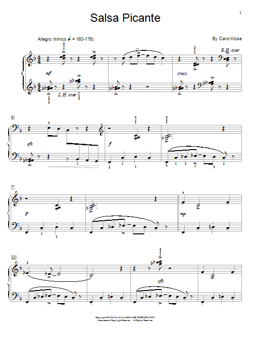 Learn to play Carol Klose Salsa Picante sheet music for Easy Piano in minutes. Carol Klose Salsa Picante sheet music preview music notes and score for Easy Piano including 5 page(s)