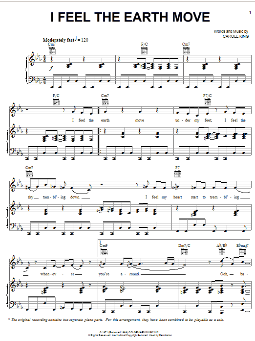Learn to play Carole King I Feel The Earth Move sheet music for Piano, Vocal & Guitar (Right-Hand Melody) in minutes. Carole King I Feel The Earth Move sheet music notes and chords