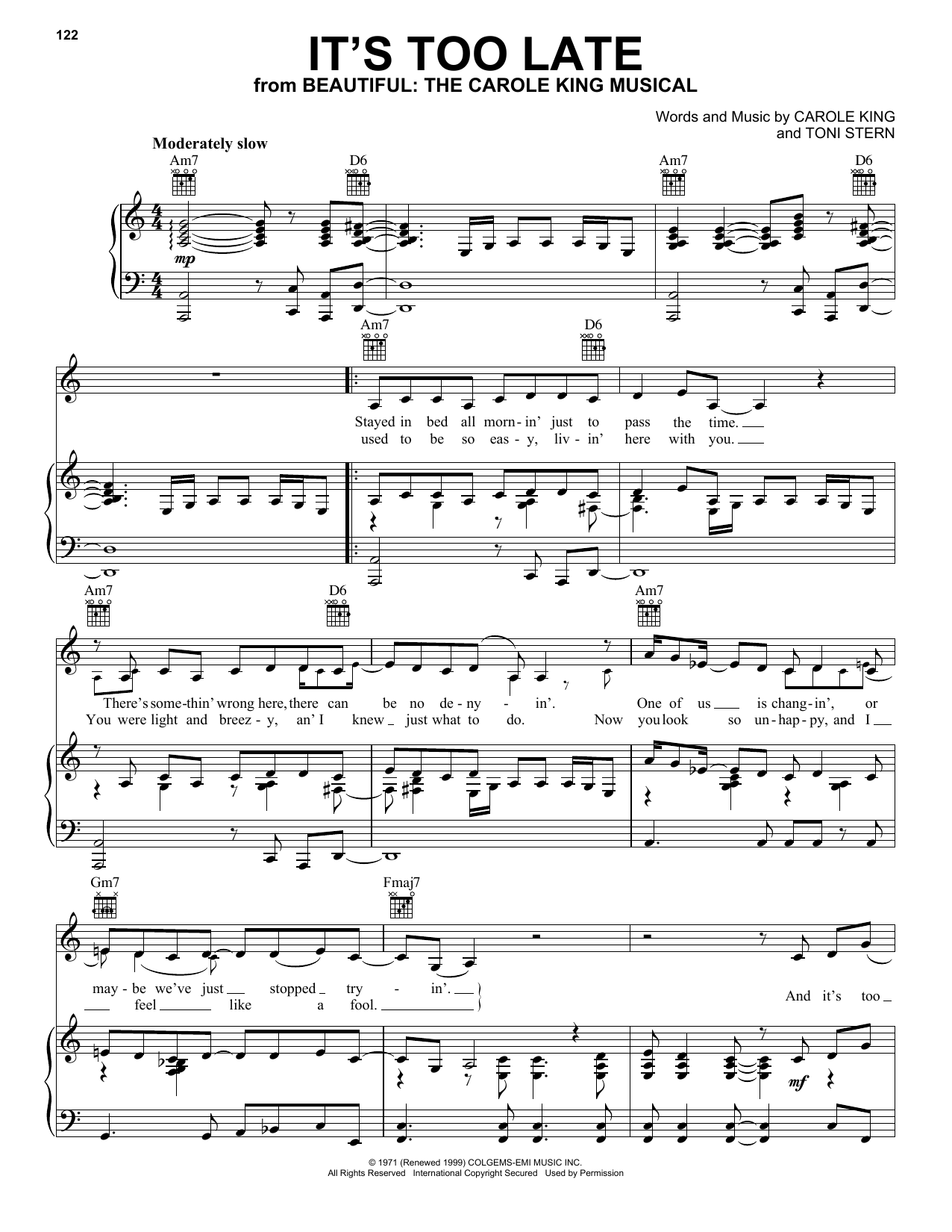 Learn to play Carole King It's Too Late sheet music for Piano, Vocal & Guitar (Right-Hand Melody) in minutes. Carole King It's Too Late sheet music notes and chords