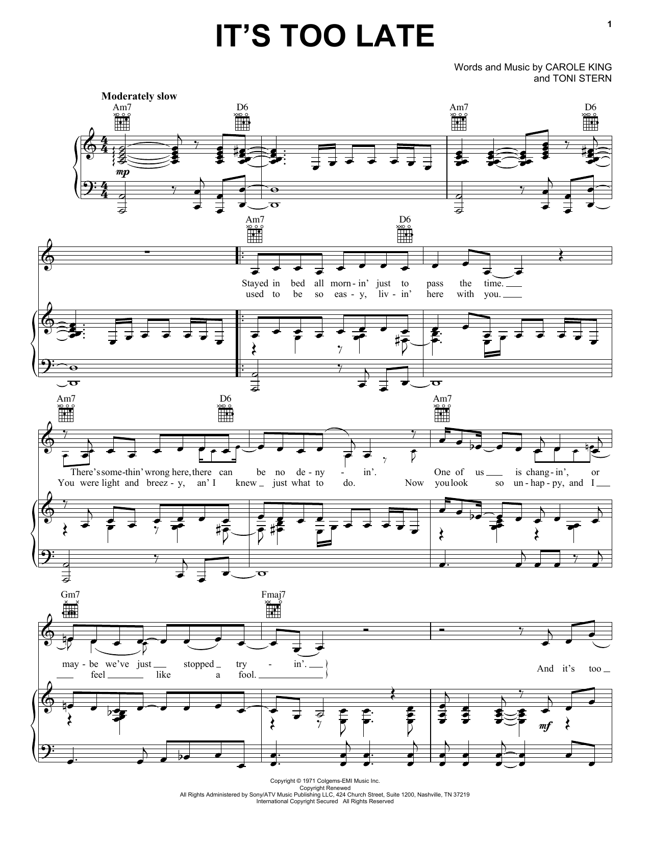 Carole King It S Too Late Sheet Music Download Printable Pdf Music Notes Score Chords
