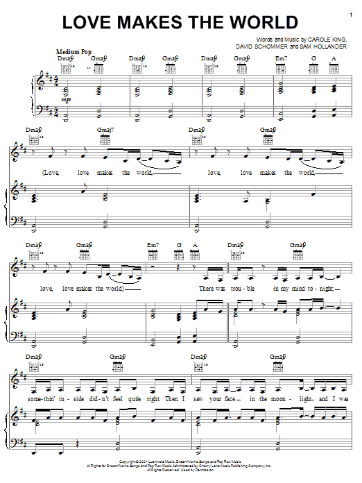 Learn to play Carole King Love Makes The World sheet music for Piano, Vocal & Guitar (Right-Hand Melody) in minutes. Carole King Love Makes The World sheet music notes and chords